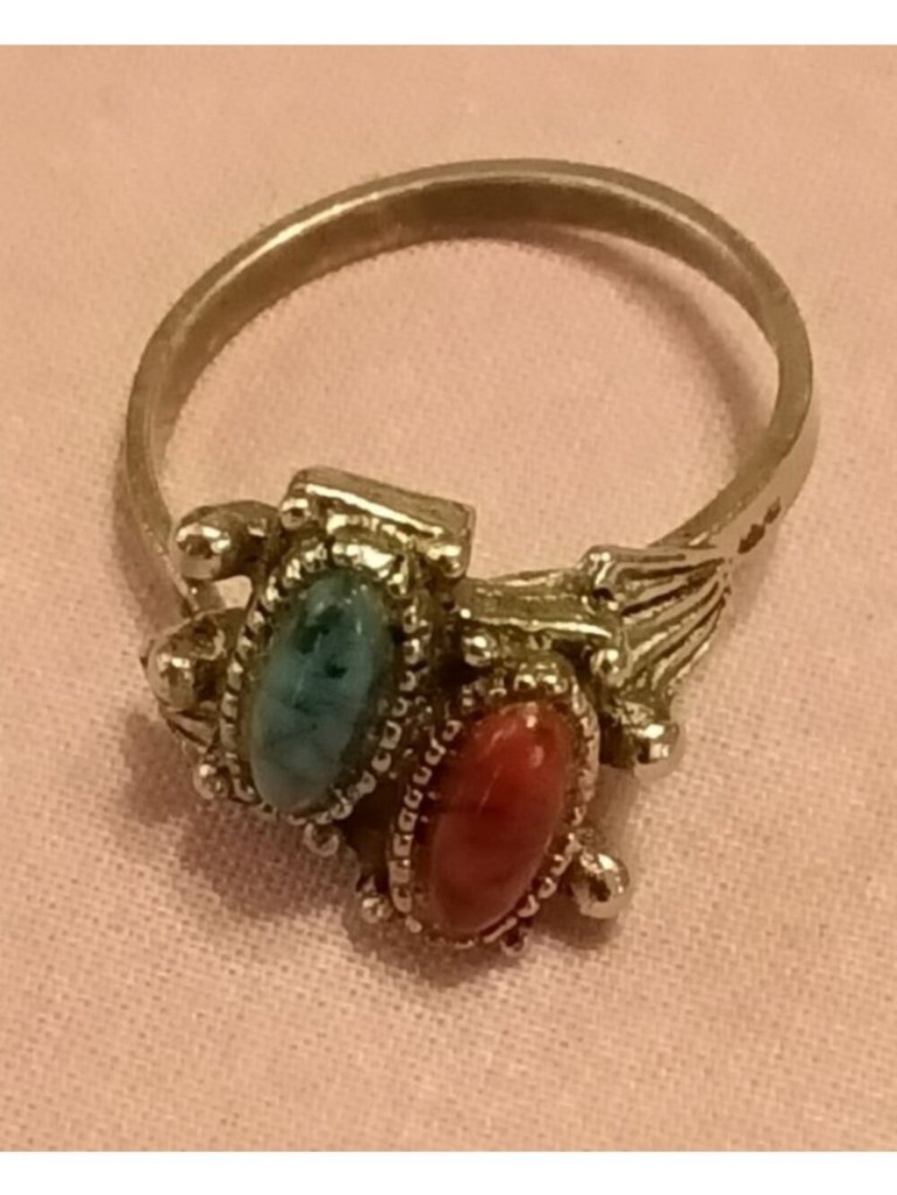 Vintage Southwestern Style Turquoise & Coral Bypass Ring Adjustable Band